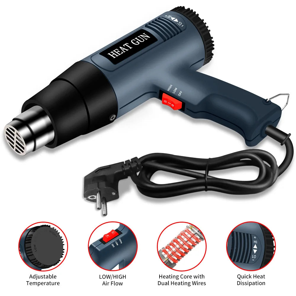 2000W Adjustable Temp Heat Gun  Nozzles Professional Hot Air Blower DIY Paint Stripping PVC Shrinking Home Electric Heat Tool