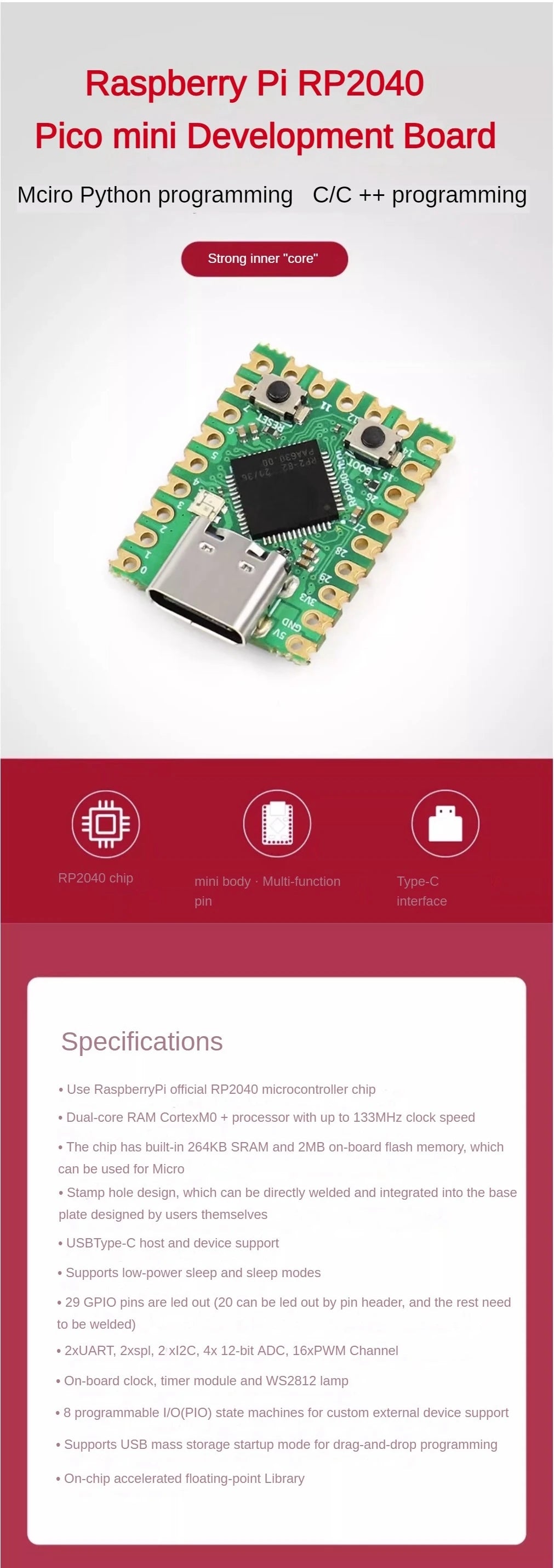 Raspberry PI Pico Mini RP2040-ZERO Microcontroller Development Board RP2040 Dual-core Processor