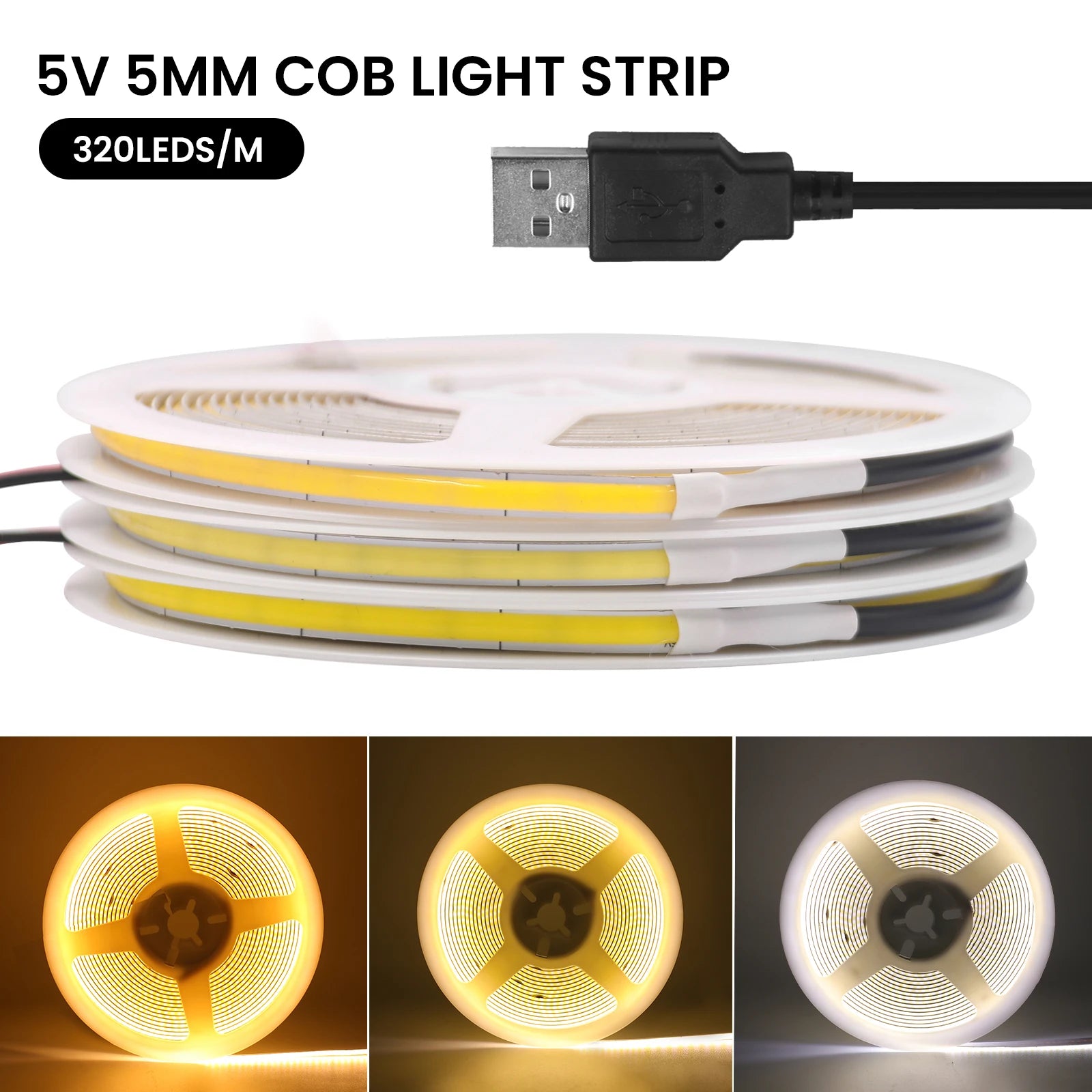 5V USB COB Led Strip Light 320 Leds/M White/Red/Green/Blue/Ice Blue/Pink PCB 3MM 5MM 8MM Flexible Ribbon Night Lamp TV Backlight