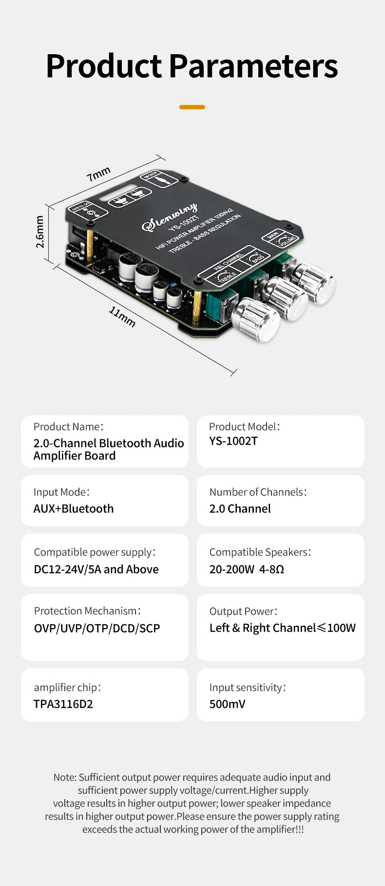 YS-1002T YS-502L Bluetooth 5.0 Audio Amplifier Board 2.0 Channel Stereo Power Amp Module 50W X2 100W X2 AUX Input For DIY Speaker Home Audio