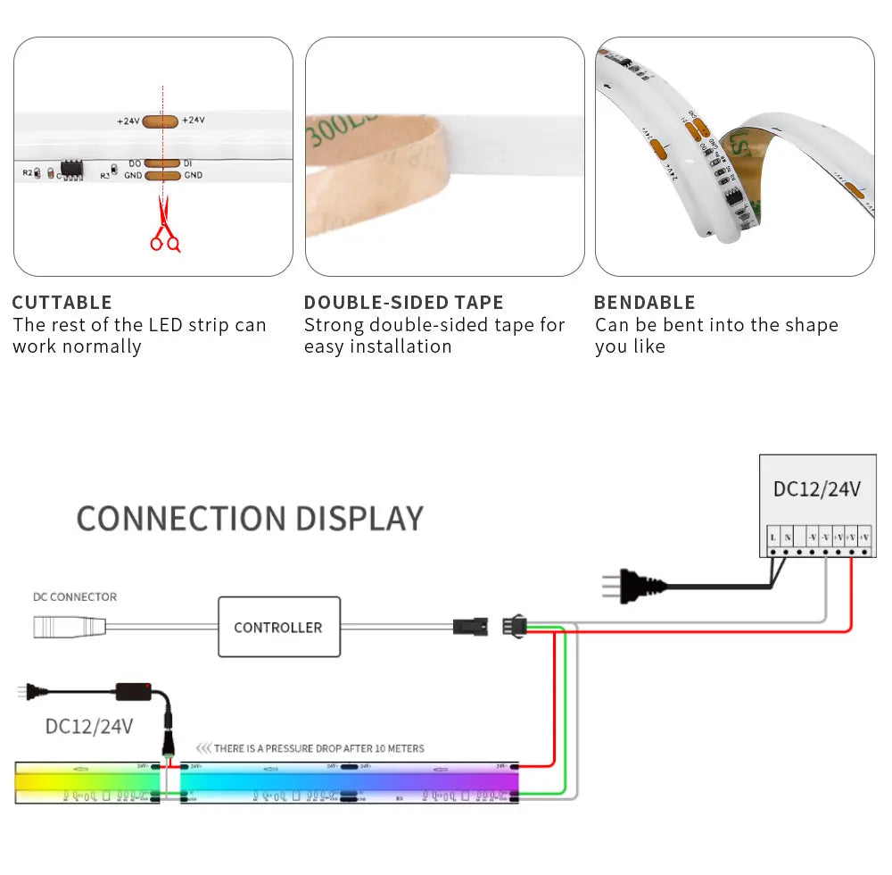 COB LED Strip Light WS2811 RGBIC 432/576/720Leds/M Dimmable Tape Lights For Christmas Home Party Decoration Lighting DC12V 24V