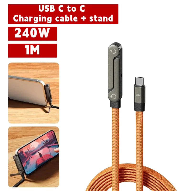 240W 2 in 1 USB C to USB C Fast Charging Foldable Bracket Data Cable Type C Desktop Holder Charging Wire For Iphone17 16 Samsung