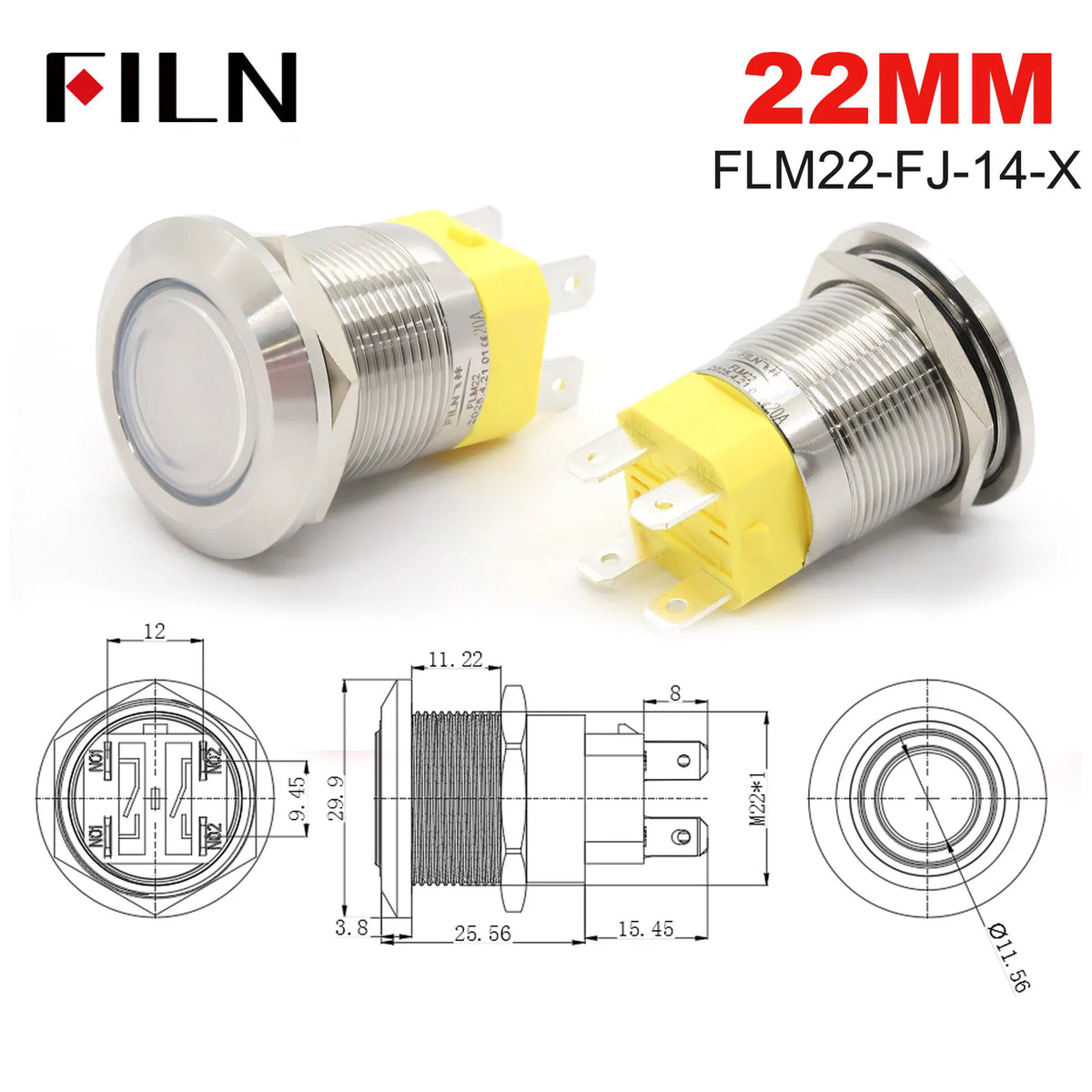 19mm 22mm 20A 12V 24V 110V 220V High Current IP68 Waterproof Flat Ring Round Push Button Switch Metal Stainless Steel 20cm Wire