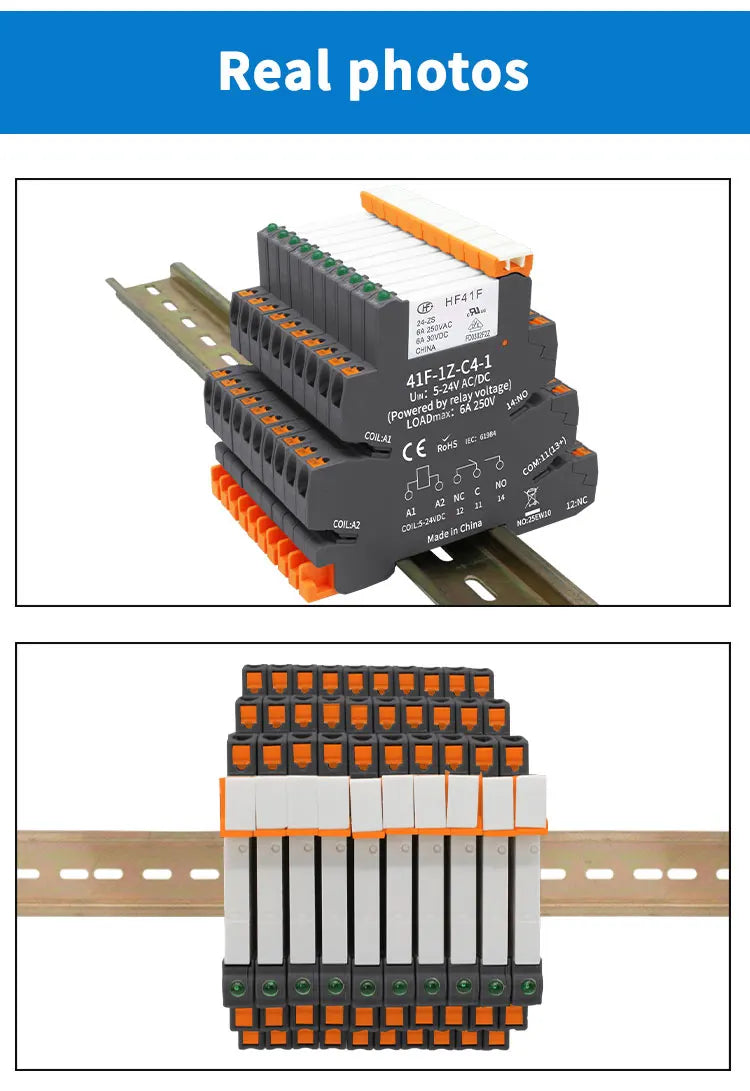 10pcs Slim Relay 5V 12V 24V DIN Rail Mounted Relay Moudle HF 41F SSR 30VDC 250VAC High Frequency Interface Relay With Led 6A