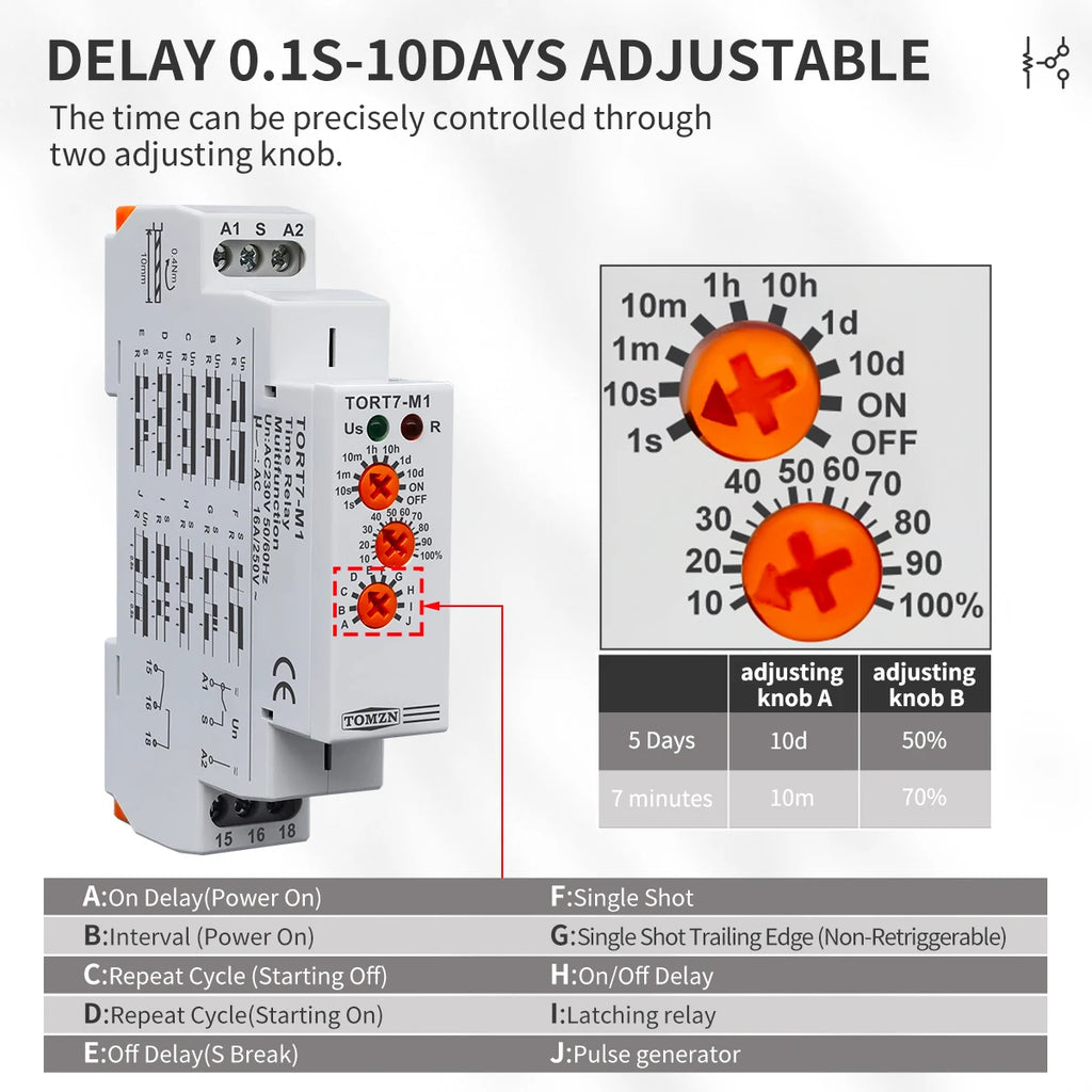 TOMZN 10IN1 Multi-function Time Relay Delay Interval Repeat Cycle Single Shot Latching Relay Pulse Generator AC230V 16A 18mm