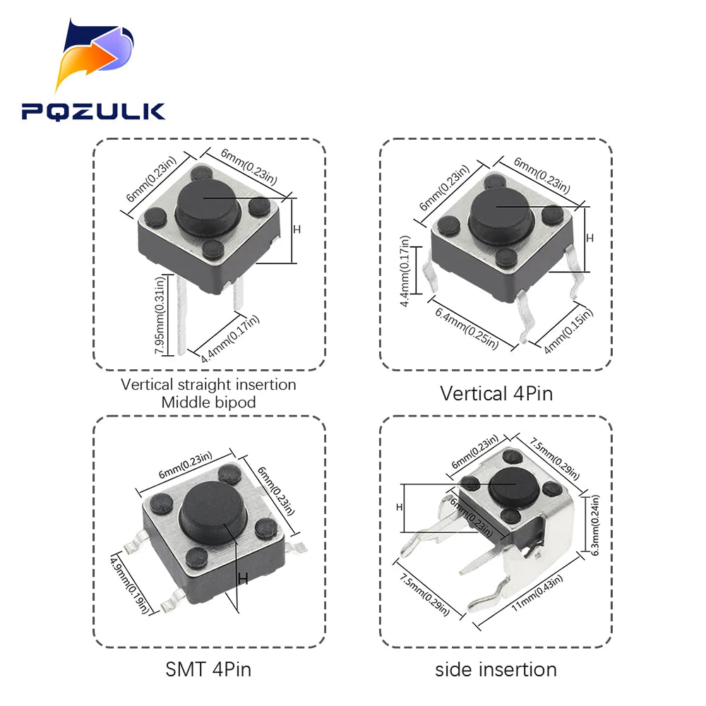 6*6 Tact Tactile Push Button Switch 4.3-13mm SMD DIP 2P/4Pin Micro Switch 6x6 Keys Tact ON/OFF 10 Models for Arduino