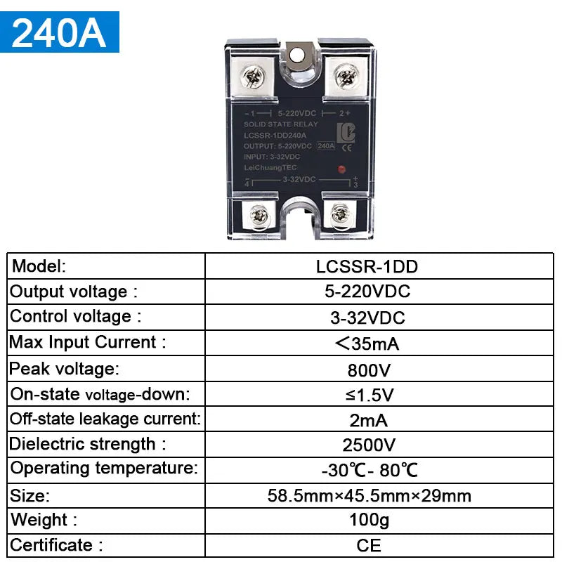 LCTC SSR Solid State Relay 10A 25A 40A 60A 80A 100A 120A 200A 240A Single Phase Control Relay DC TO AC DC TO DC AC TO AC 3-32VDC