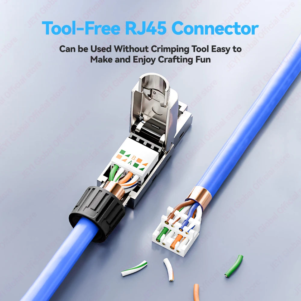 JEYI CAT8/CAT7/CAT6A RJ45 Toolless Ethernet Cable Connector 40Gbps/10Gbps Shielded Network Cable Plug for 22-24AWG STP Lan Cable