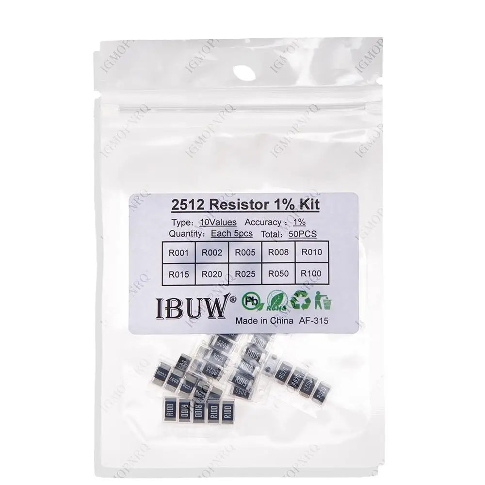 50PCS Alloy resistance 2512 SMD Resistor Samples kit ,10 kindsX5pcs=50pcs R001 R002 R005 R008 R010 R015 R020 R025 R050 R100