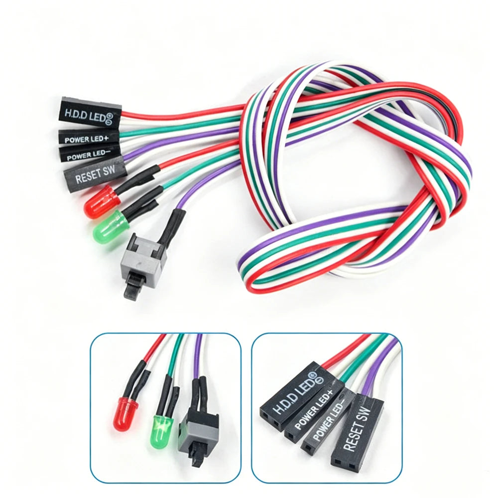 50/65cm PC Power On/Off & Reset Button Cable with LED Indicator, 1PCS Computer Mainboard Switch Connector