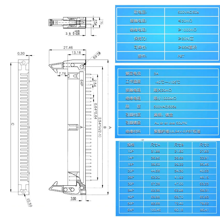 10pcs DC2 10/14/16/20/26/34/40/50/64 Pin 2.54mm Pitch Male Socker Straight/Right Angle IDC Box Headers Connector For FC Cable