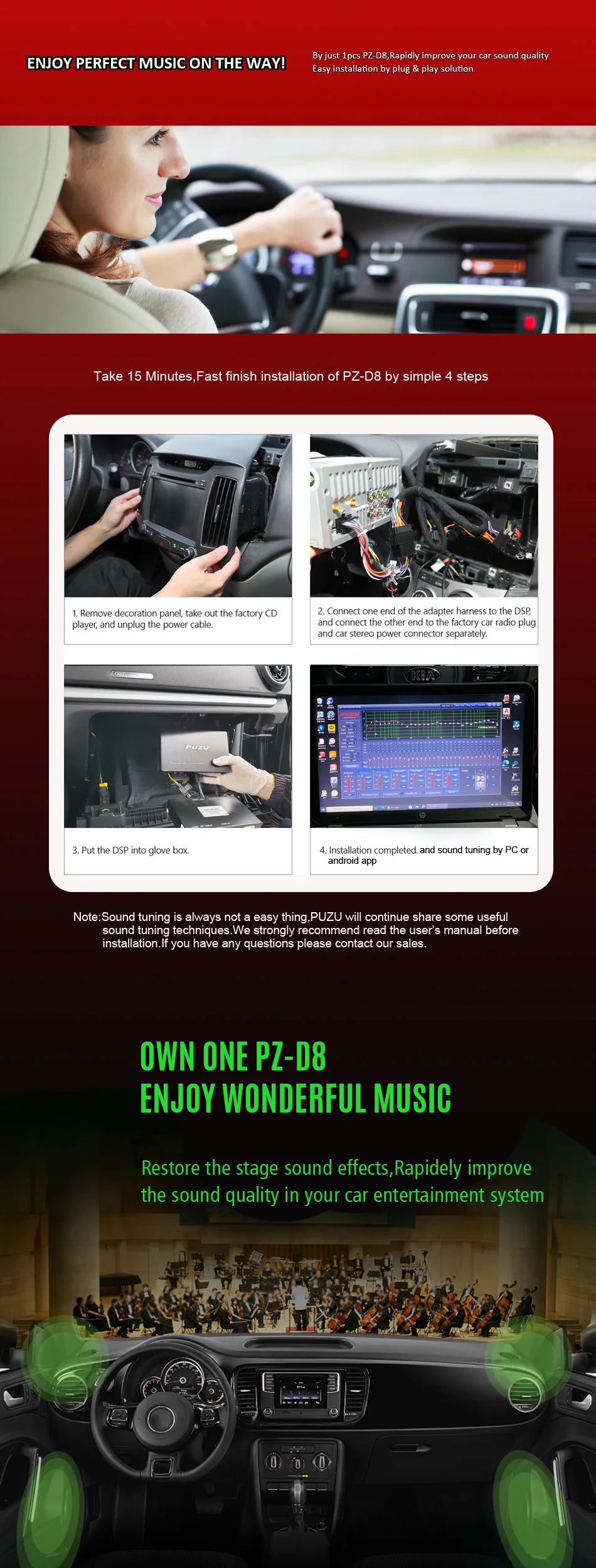 PUZU PZ-D8 D Class 8 channels Car Audio DSP Amplifier processor with 4X180W power output Digital signal processor audio system