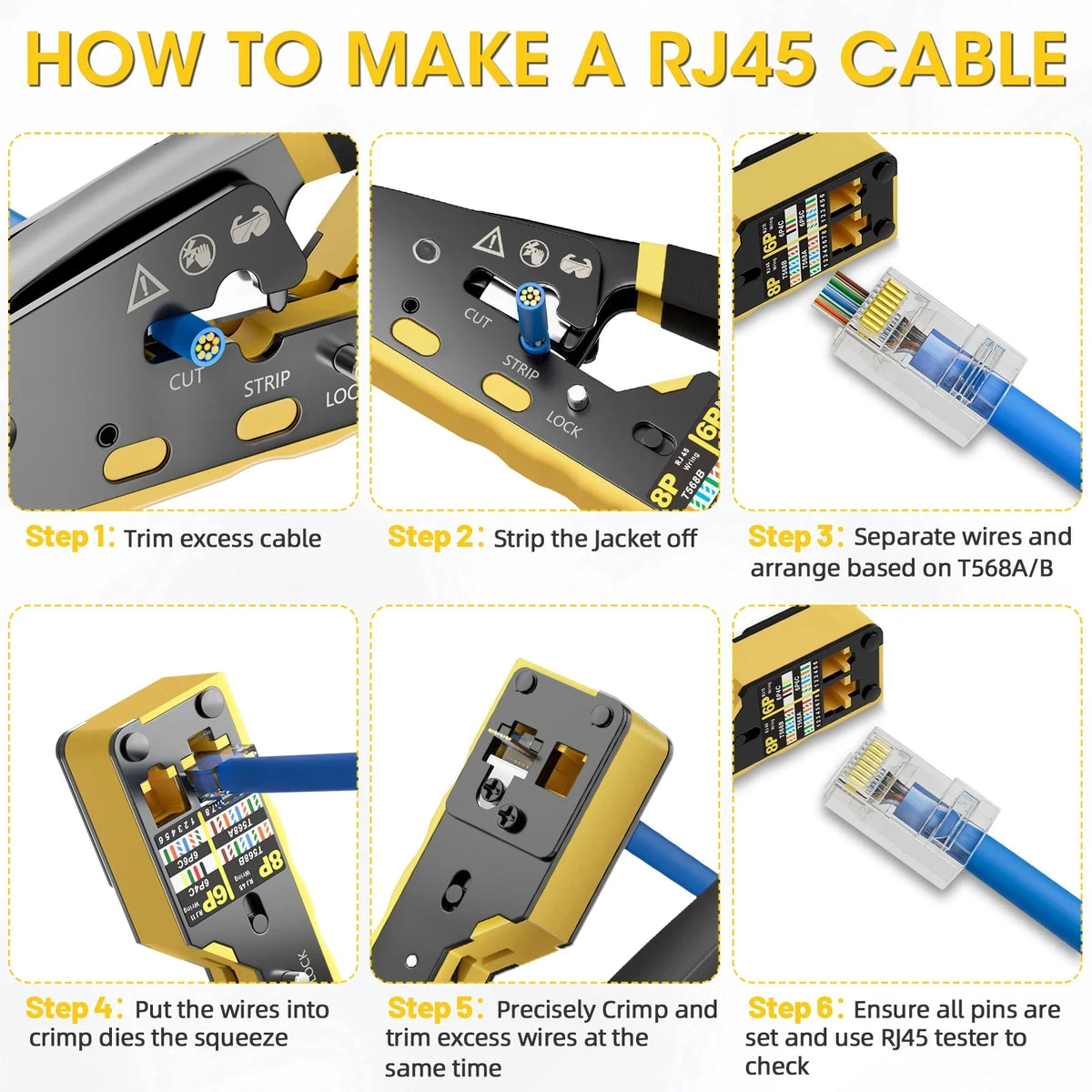 Kebidumei RJ45 Crimp Plier Pass Through Ethernet Modular Plug Crimping Tool for Cat6 Cat5/5e RJ45 Connectors 8P6P RJ11 Connector