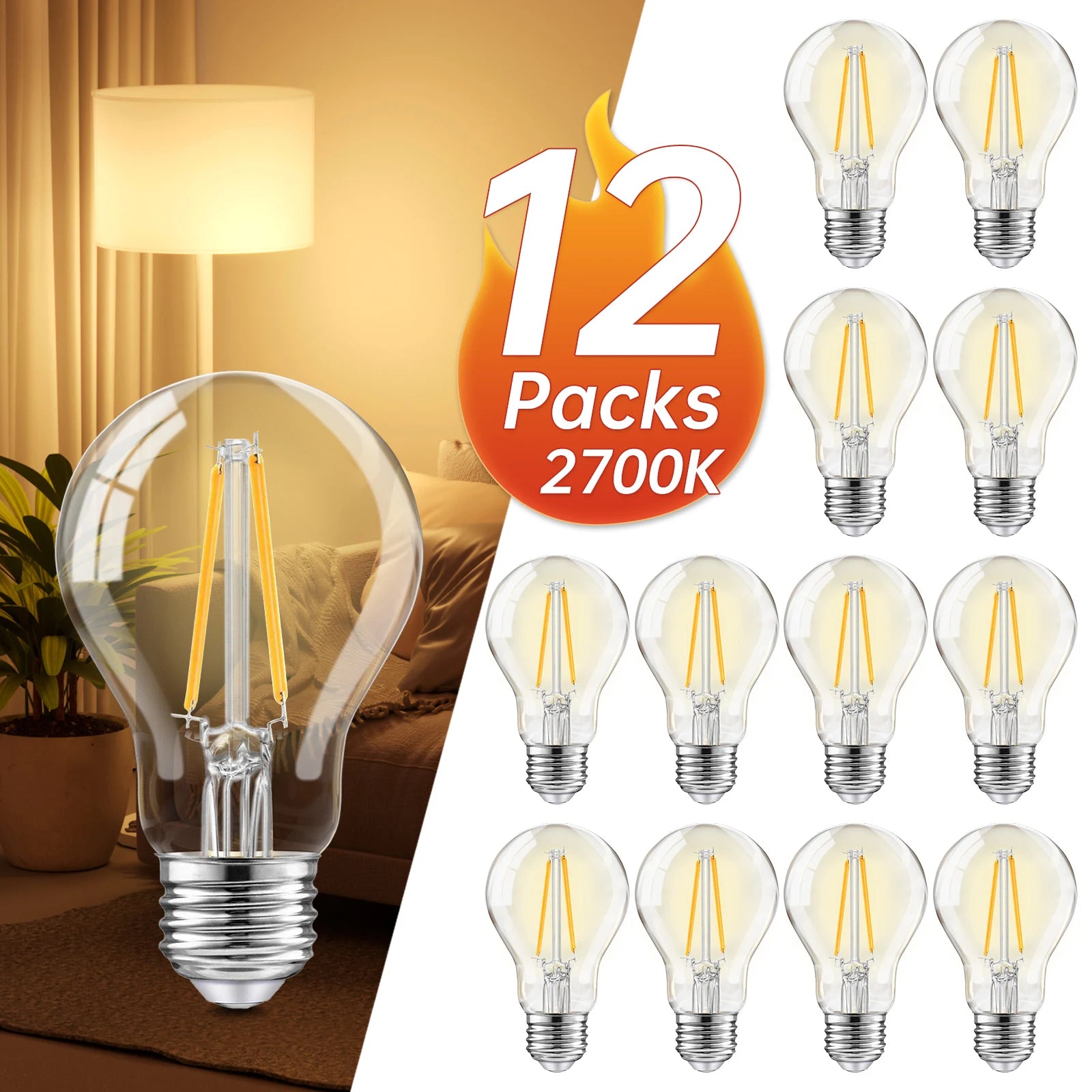 Vintage LED Filament Bulb , Edison Style Non-Dimmable, 2700K Amber Warm White A19 Bulb, Amber Glass, for Pendant Lights, Ceiling Lights, Restaurants, Cafe Home Decoration Lighting，4/6/12/24pack