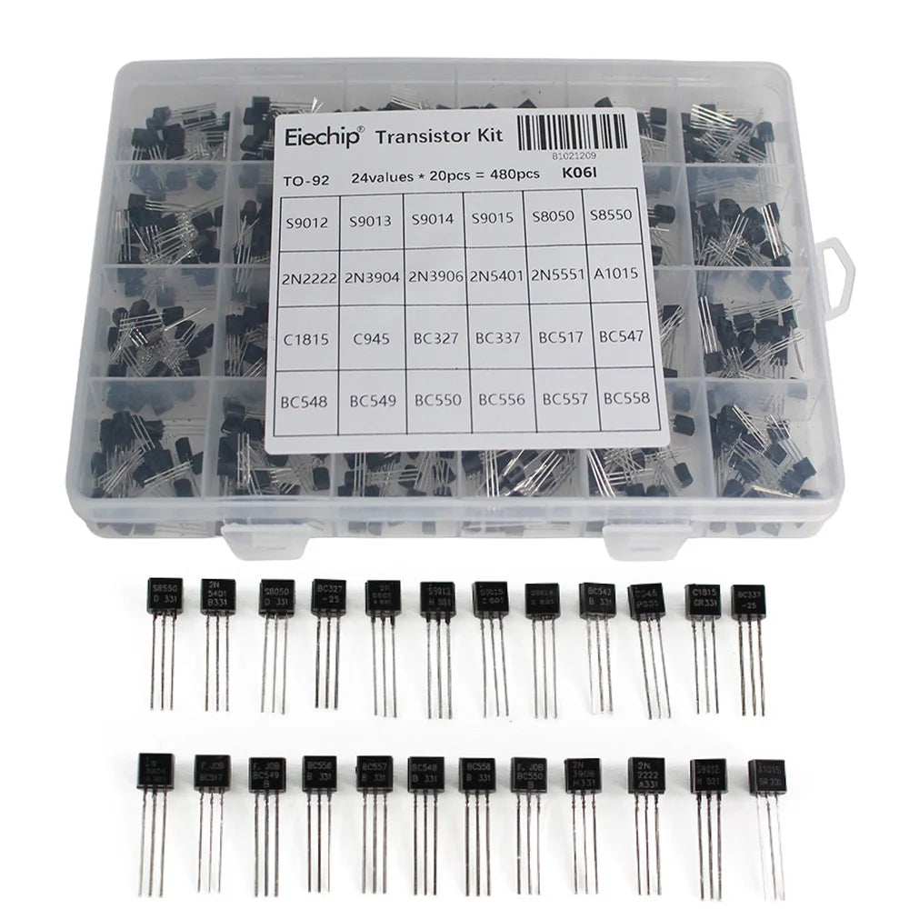 480PCS NPN PNP Transistor Assortment Kit TO-92 24 Valuesx20pcs 2N2222 S8050 S9014 2N3906 BC327 BC337 BC547 BC558 DIY for Arduino