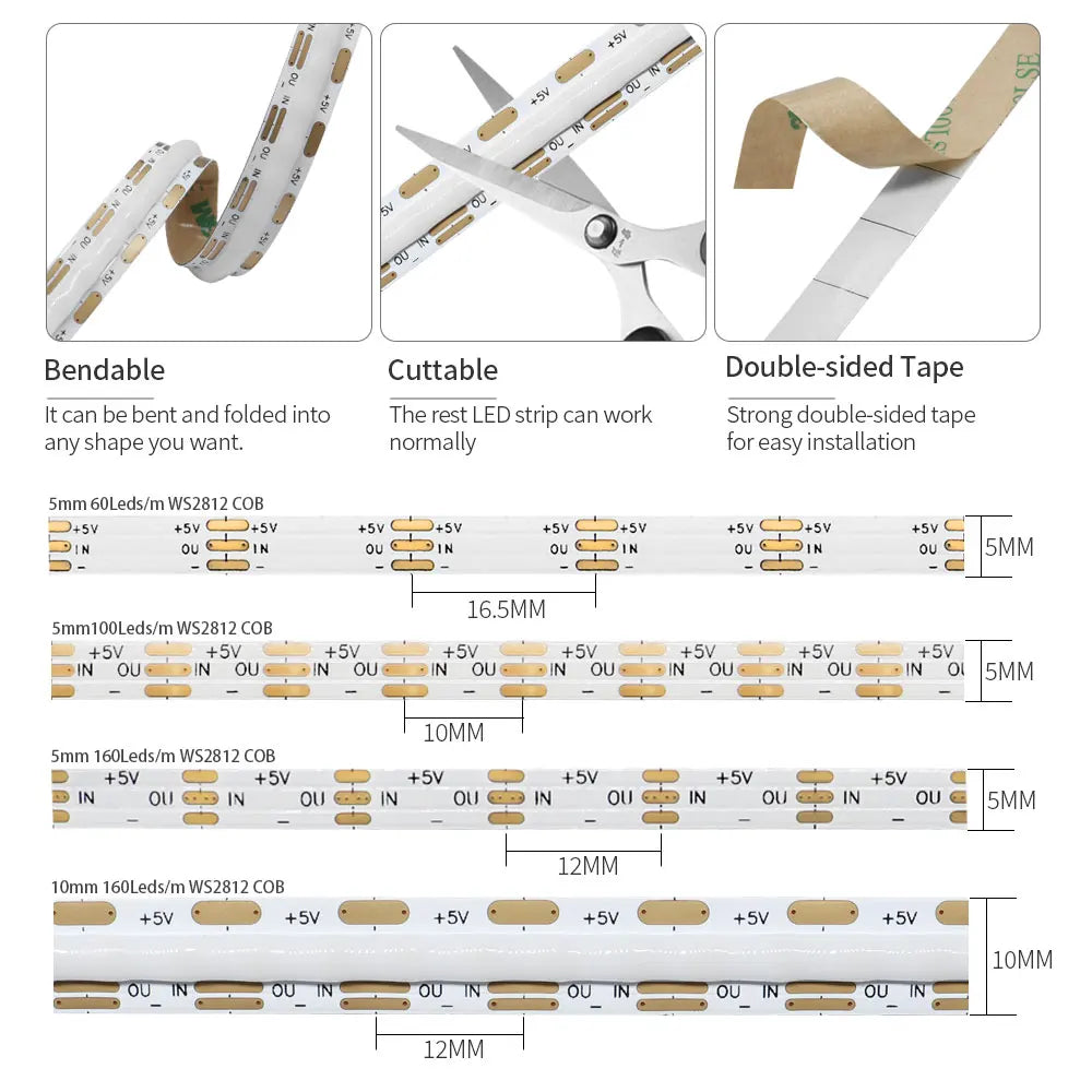 WS2812B RGBIC Individually Addressable COB LED Strip WS2812 High Density 60/100/160Leds/m 5mm/10mm COB Led Light DC5V