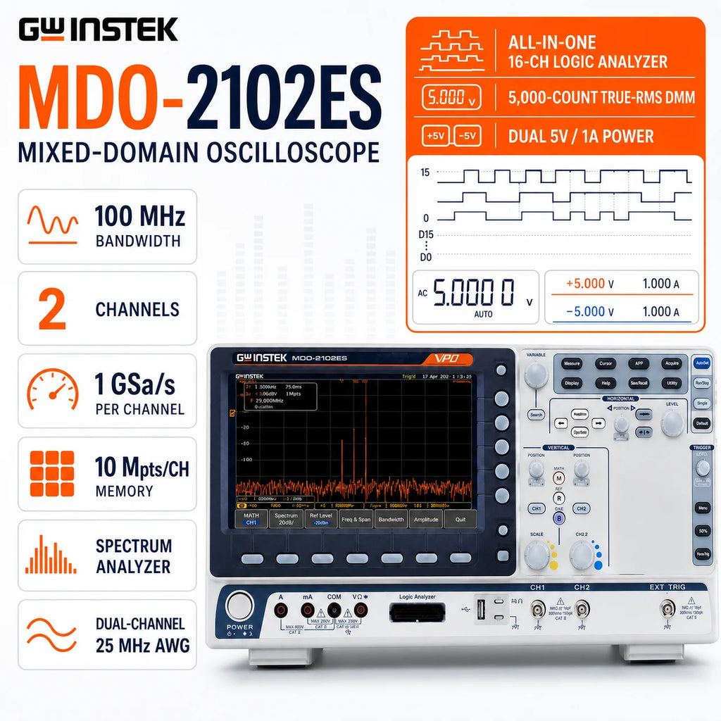 GW Instek MDO-2102EG/2202EG Mixed-Domain Oscilloscope, 100/200 MHz, 2/4-Channel, 1 GSa/s, Spectrum Analyzer, Dual 25 MHz AWG