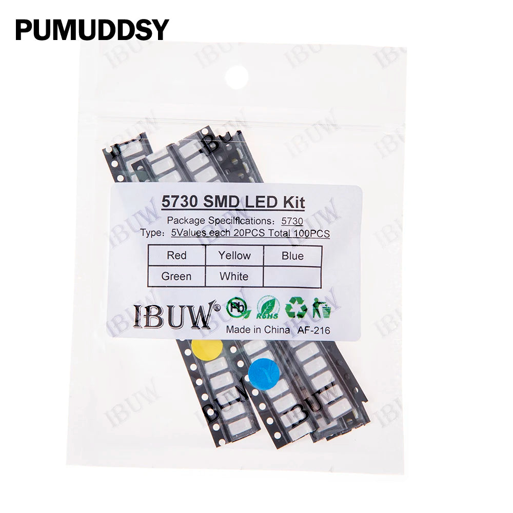100pcs 5colors Each 20pcs 5730 5050 3528 1210 1206 SMD LED Diode Kit Red Green Blue White Yellow 0805 0603 0402