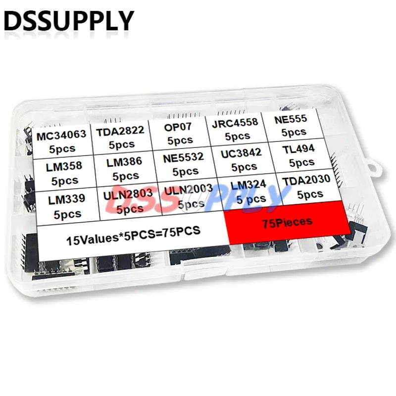 75PCS/LOT Integrated Circuit IC DIP Kit Box LM358P LM386 LM339 ULN2003 NE555P NE555 MC34063 TL494 ULN2803 LM324 TDA2030 TDA2822