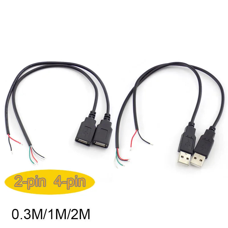 0.3m/1m/2m Power Supply Cable 2 Pin USB 2.0 A Female male 4 pin wire Jack Charger charging Cord Extension Connector DIY 5V line