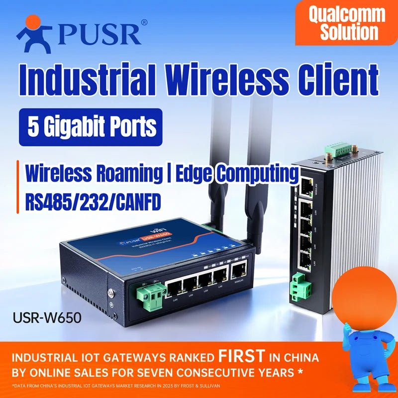 PUSR Serial RS485/RS232 to Ethernet/WiFi 2.4G&5.8G Dual Band WiFi 5Gigabit Port CAN Protocol Converter Modbus RTU to TCP W650