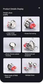 Push Button Switch Metal Screw Terminal Soldering 16/19/22mm Short 7A Latching Self-Locking/Reset LED Light 6/12/24/110/230V