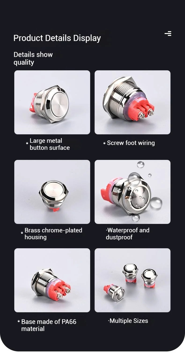 Push Button Switch Metal Screw Terminal Soldering 16/19/22mm Short 7A Latching Self-Locking/Reset LED Light 6/12/24/110/230V