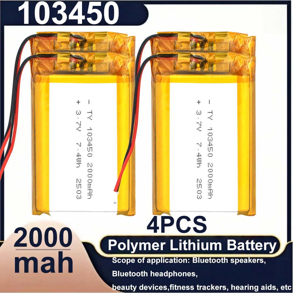 103450 3.7V 2000mAh Polymer Lithium Rechargeable Battery JST PH 2.0mm 2Pin Plug for Camera GPS Navigator MP5 Bluetooth Headset