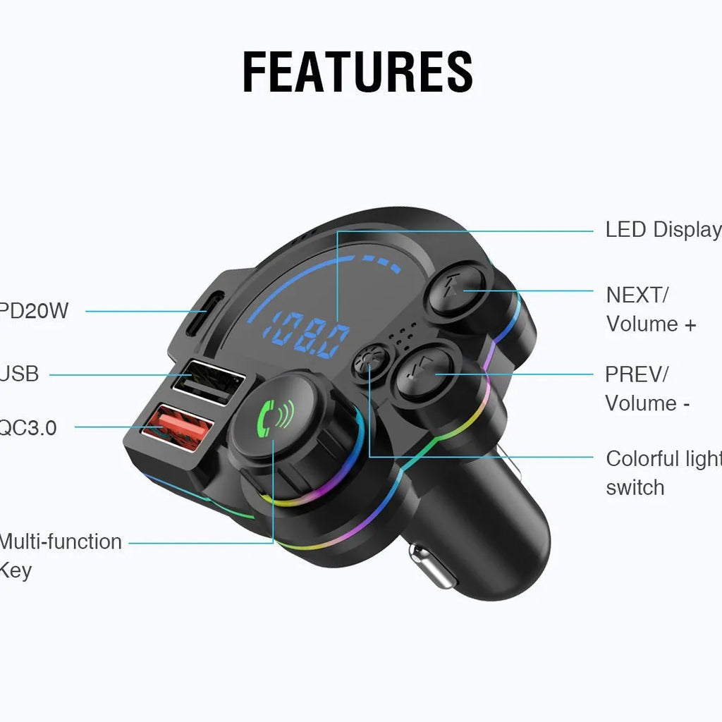 Bluetooth 5.3 FM Transmitter Handsfree Car AUX Radio Modulator MP3 Player with QC3.0 & PD20W Fast Charge Adapter Car Accessories