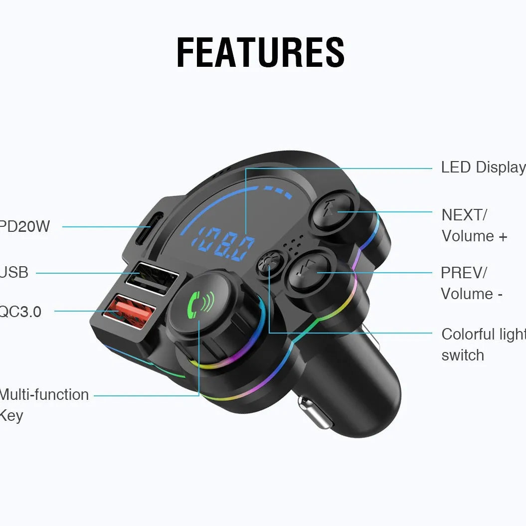 Bluetooth 5.3 FM Transmitter Handsfree Car AUX Radio Modulator MP3 Player with QC3.0 & PD20W Fast Charge Adapter Car Accessories