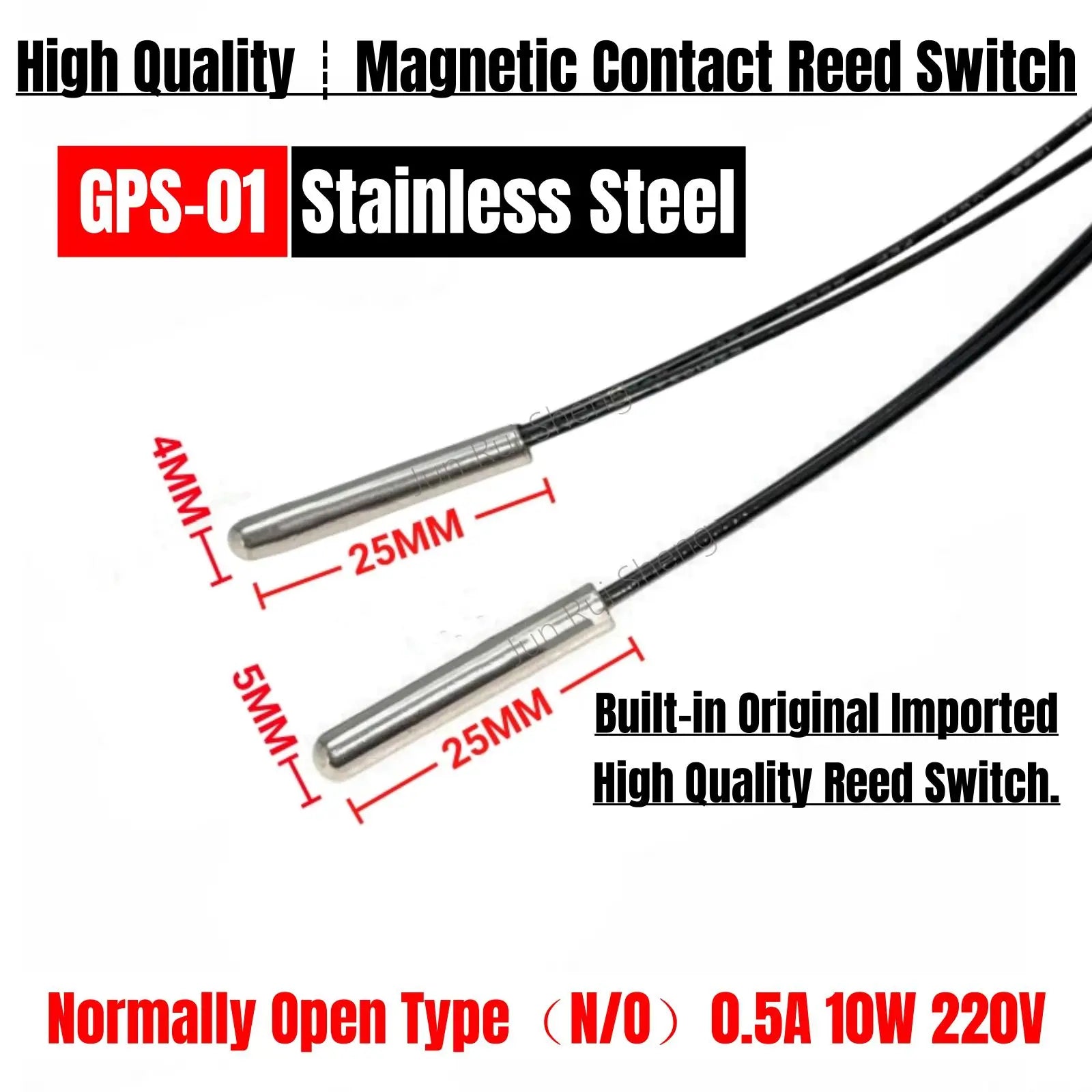 5PCS Stainless Steel GPS-01 Reed Contact Switch Normally Open NO 10W 220V Magnetic Control Tube 25MM Waterproof Induction Sensor