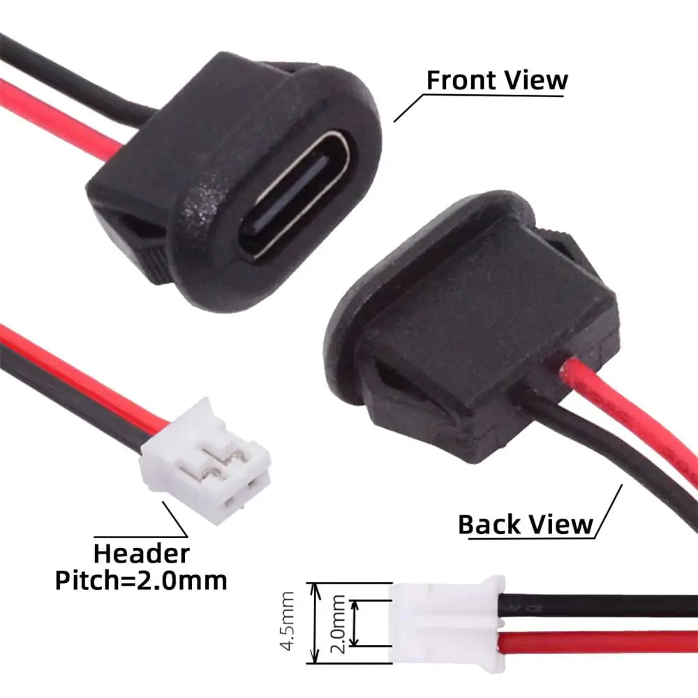 5pcs Type-C Female Chassis Waterproof 2P Solder Wire Type USB C Pigtail Cable USB-C Plug to 2 Pin Bare Wire Open End Connector