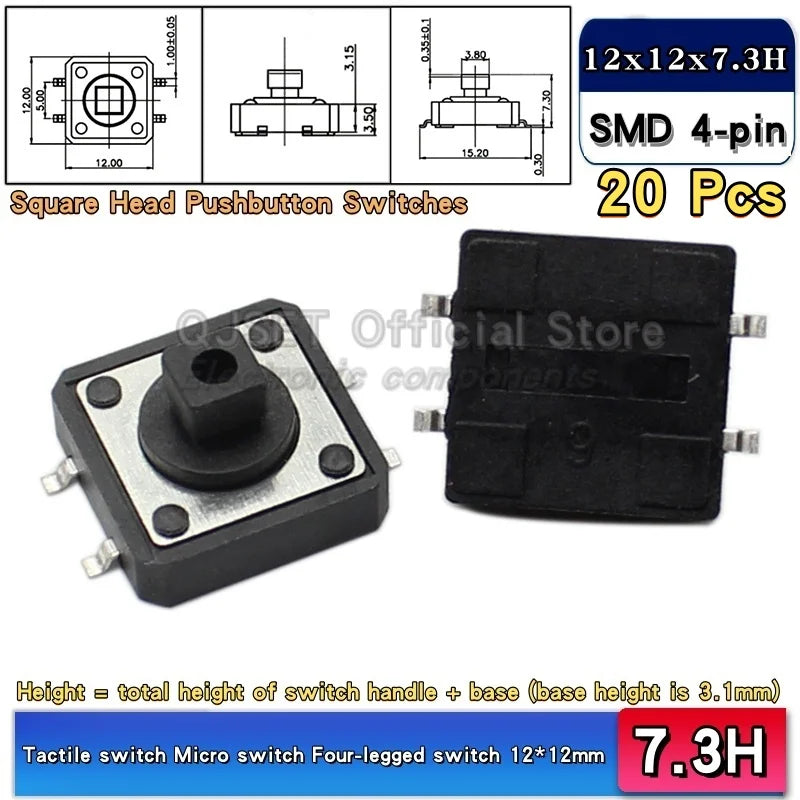 20 Pcs Tactile Pushbutton Switch 12*12*7.3MM Micro Switch Pushbutton A14 A24 Pushbutton Cover 12x12x7.3MM Square Head Pushbutton