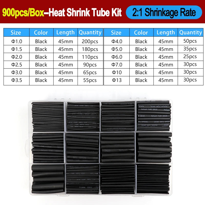 2:1/ 3:1/4:1 Heat Shrink Tube Set 73~900pcs Shrinkage Tubing Kit Cable Repair Protecter Wire Insulation Thermoresistant Sleeving