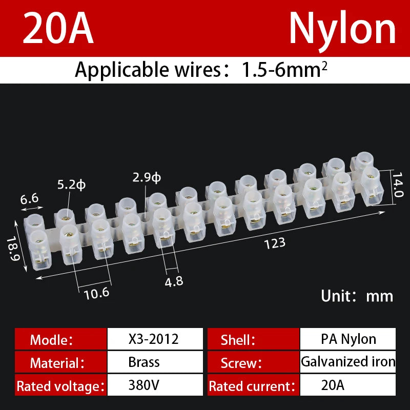 12 Position Barrier Screw X3-1012 Nylon Plastic Terminal Block 20A Transparent White Copper 380V Wire Connector Dual Row
