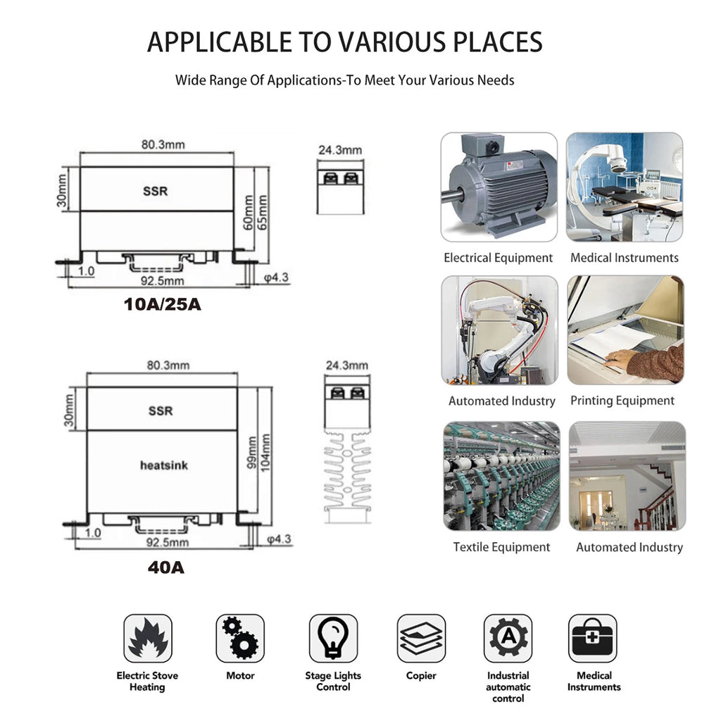 Slim Solid State Relay 10A 25A 40A Dc control Ac/ Ac control Ac Single Phase SSR Din Rail Mount Relays Module equipped Heat sink