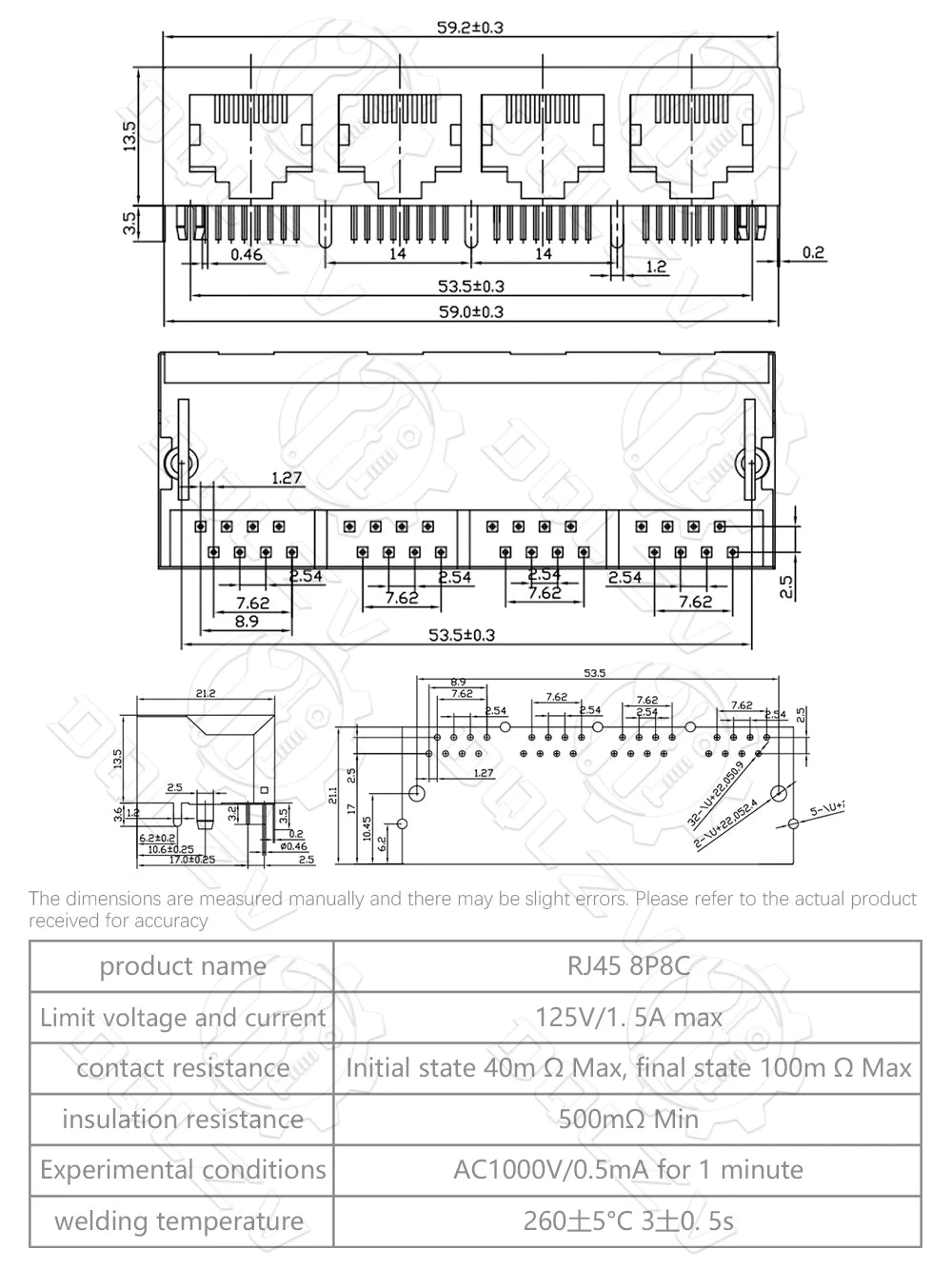 RJ45 1 2 4 6 8 Port Shielded Modular 21MM PCB Jack 8P8C Right Angle Through Hole Pcb Network Connector