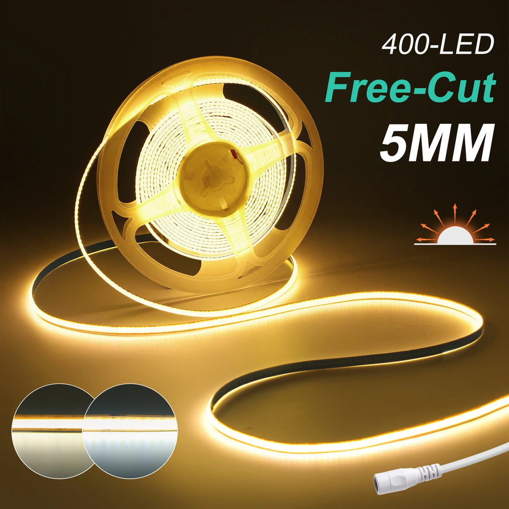 5mm 8mm PCB COB LED Light Strip Free Cut 12V 24V With 2PIN Wire DC Plug 400LEDs/m 3000k 4000k 6000k Flex Lamp 0.5m 1m 5m 10m 20m
