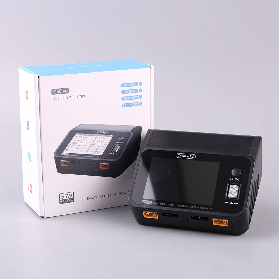 ToolkitRC M6DAC 350W X 2 USB-C 65W AC/DC Dual Smart Charger Discharger for 1-6S Lipo LiHV Lion NiMh Pb Battery with 15A Balance