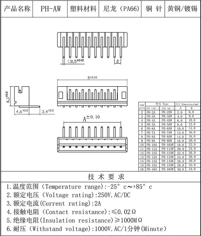 50pcs JST PH2.0 2mm Connectors Leads PH 2.0 2P 3P 4P 5P 6P 7P 8P 9P 10P 11P 12 pin Header 2.0mm male material PH-A straight pins