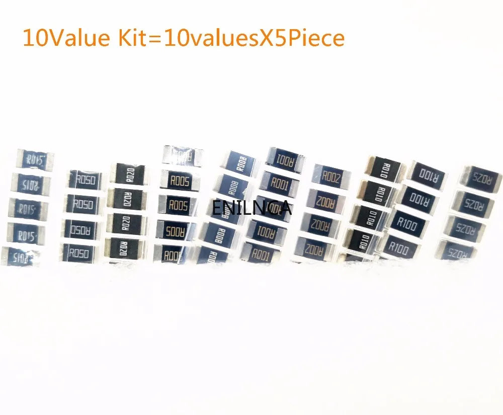 50PCS Alloy resistance kit 2512 SMD Resistor Samples kit 10 kindsX5pcs=50pcs R001 R002 R005 R008 R010 R015 R020 R025 R050 R100