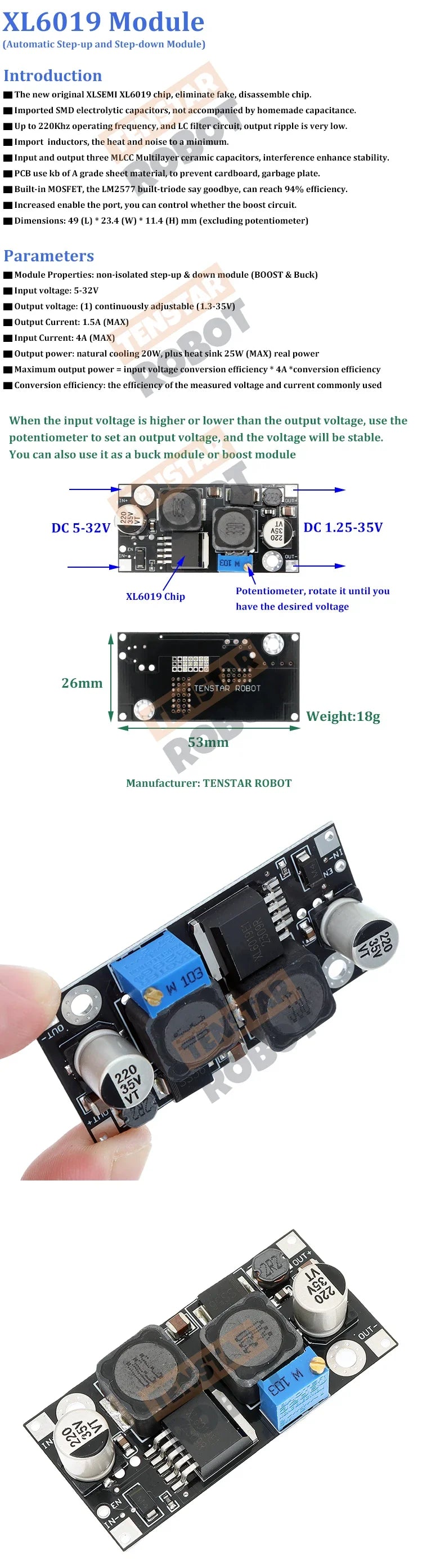 XL6019 (XL6009 Upgrade) Automatic Step-Up Step-Down Dc-Dc Adjustable Converter Power Supply Module 20W 5-32V to 1.3-35V