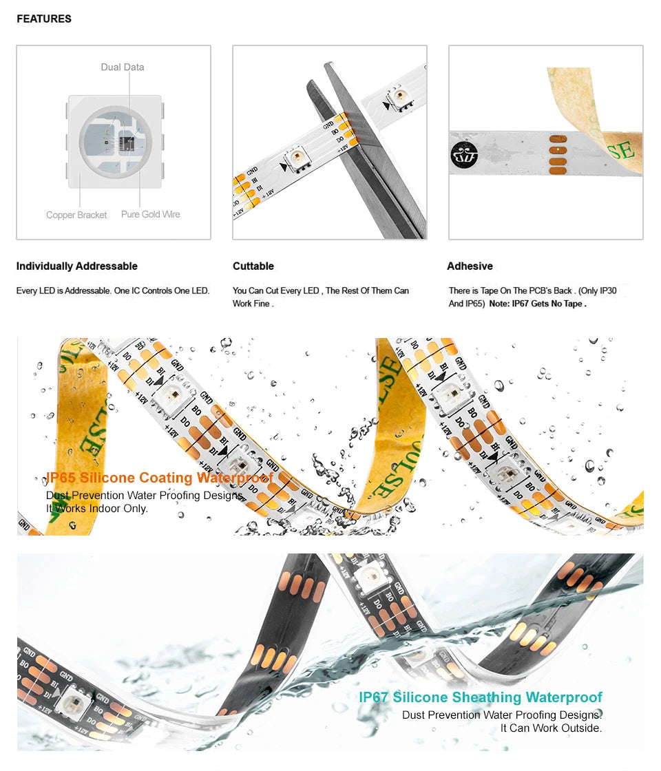 WS2815 DC12V WS2812B WS2813 LED Strip Light RGB Individually Addressable LED Lights Dual Signal 30 60 100 144 LEDs IP30 65 67