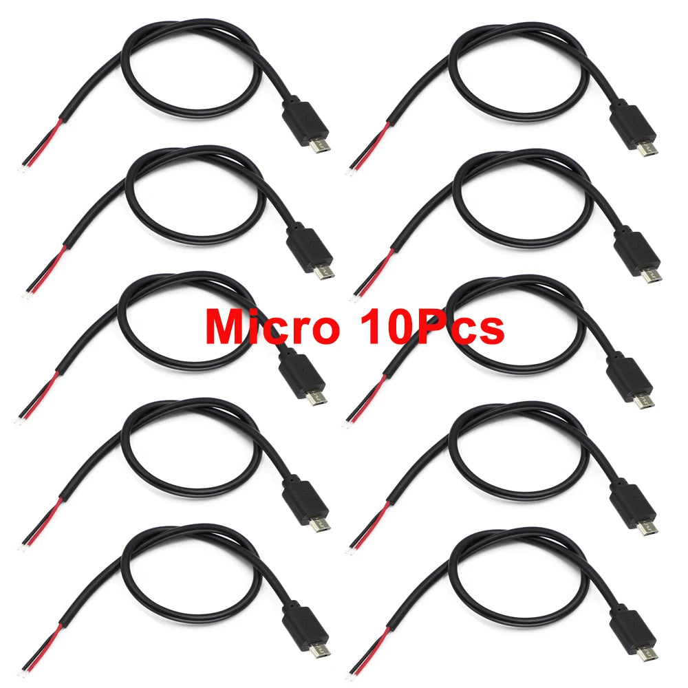  10Pcs Micro USB Male Plug 2 Pin Bare Wire Open End Power Cable Connector Pigtail Cord DIY Repair Power Charging Cable 22AWG