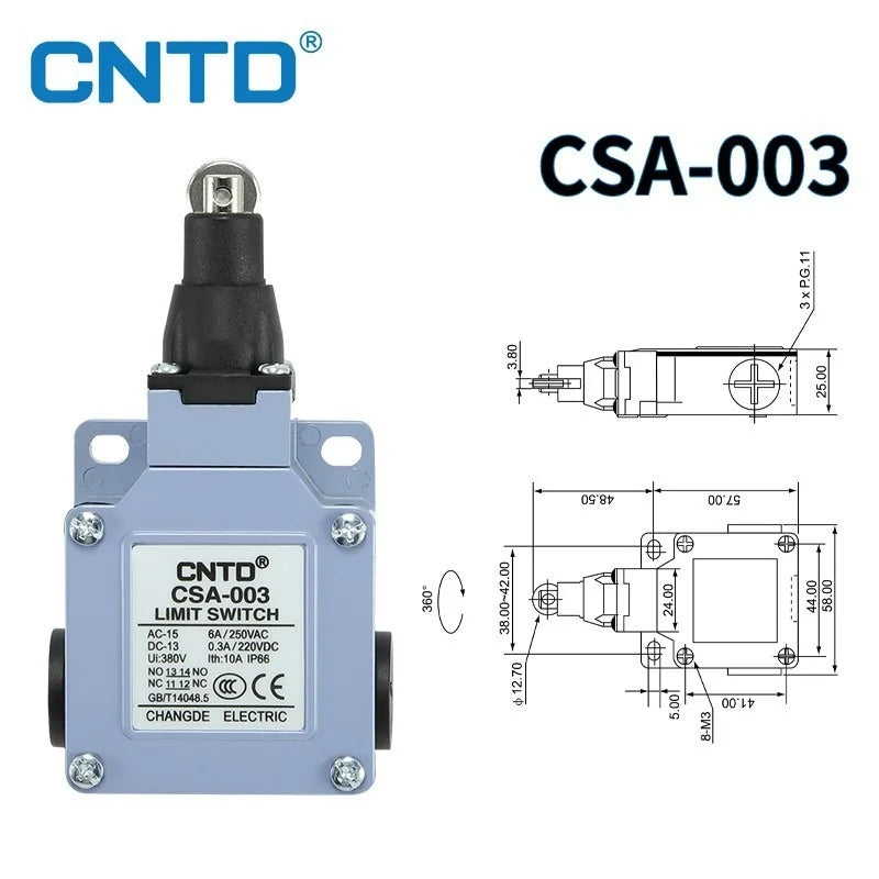 Limit Switch CNTD CSA 003 Roller Plunger Actuator IP66 10A 250VAC 1NO1NC Metal Housing Travel Switch for Industrial Control Mach