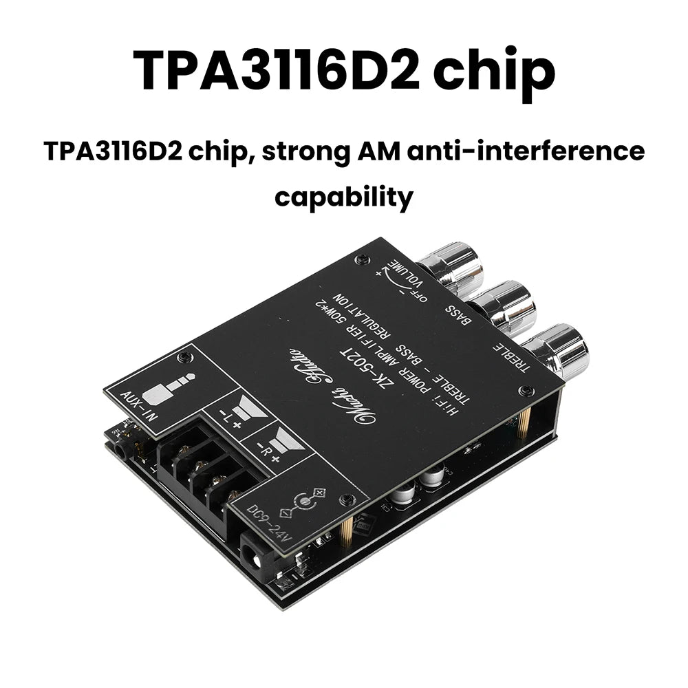 ZK-502T Dual Channel Stereo Power Amplifier Module TPA3116D2 Chip 50Wx2 Bluetooth 5.0 AUX Input DC9-24V High Low Bass Adjustment Audio AMP Board for Speaker DIY