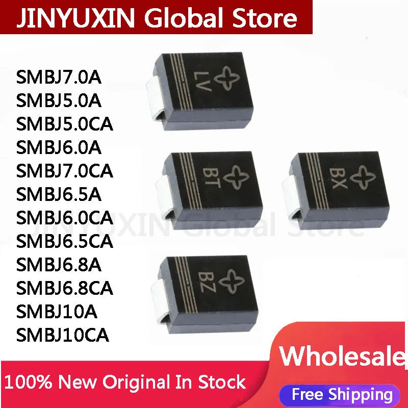 100Pcs SMD TVS Diode SMBJ5.0A SMBJ5.0CA SMBJ6.0A SMBJ6.0CA SMBJ6.5A SMBJ6.8A SMBJ6.8CA SMBJ7.0A SMBJ7.5A SMBJ10A 600W 5V-440V