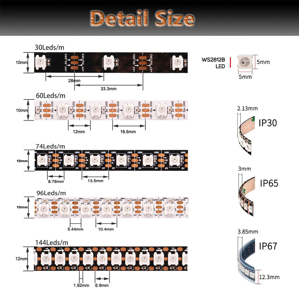WS2812B WS2811 WS2815 RGBIC Pixel LED Strip Light Individually Addressable 30/60/144Leds/m Tape Rope Lighting WS2812 IP30/65/67