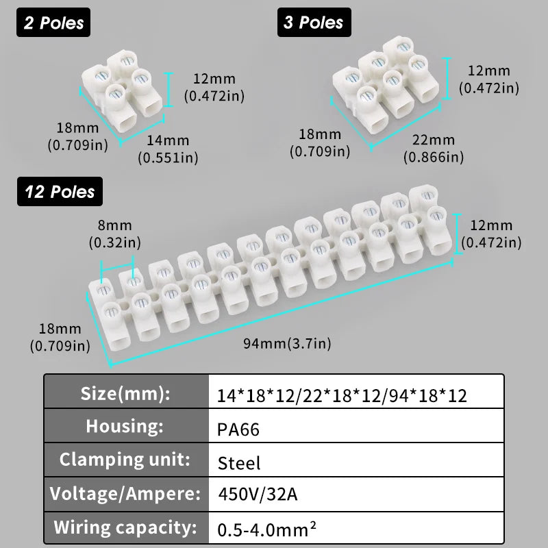 1/5/10Sets Screw Type Quick Connect Terminal 450V 32A 12-Pos Wire Connectors Universal Reusable No Soldering PA66 Terminal Block