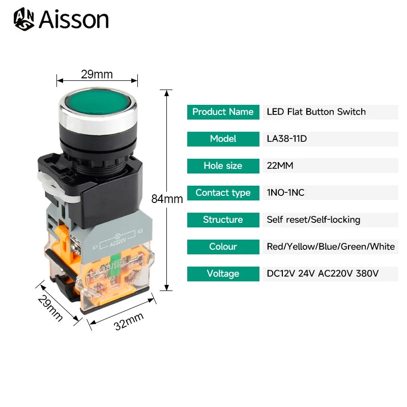 LA38-11D with Light Push Button Switch NO NC Momentary Latching DC 12V 24V AC 220V 380V LED Indicators